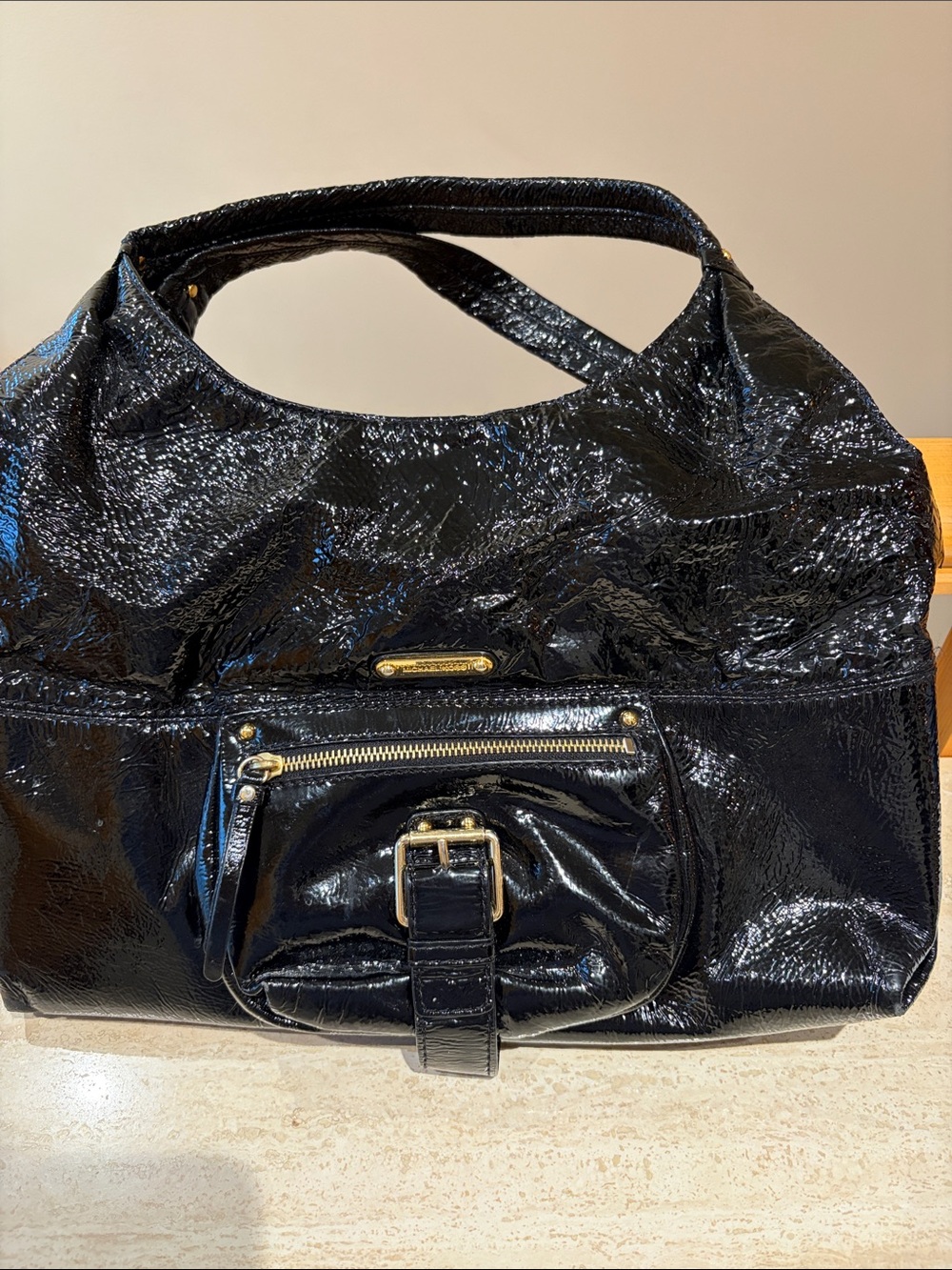 Michael Kors Black Patent Shoulder Bag with Gold Hardware